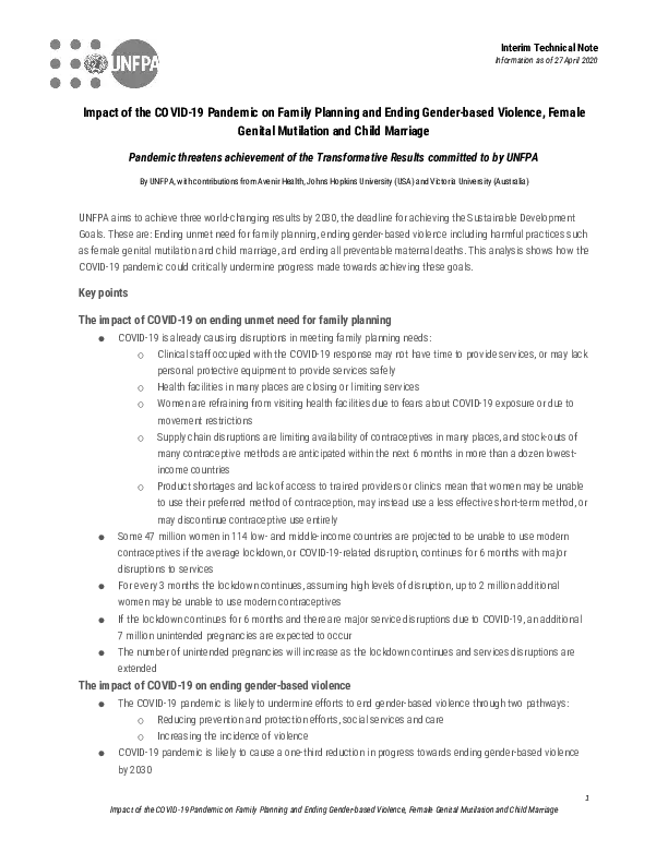 Impact of the COVID-19 Pandemic on Family Planning and Ending Gender-based Violence, Female Genital Mutilation and Child Marriage