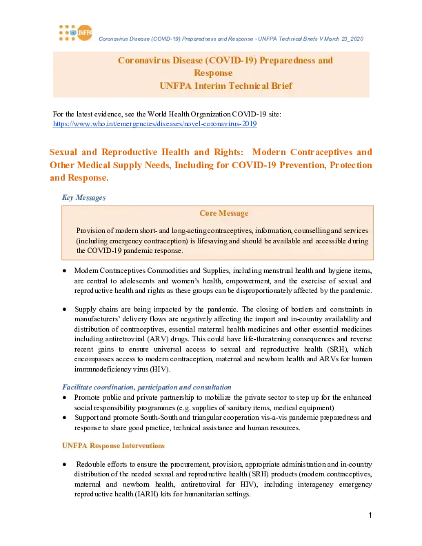 Sexual and Reproductive Health and Rights: Modern Contraceptives and Other Medical Supply Needs, Including for COVID-19 Prevention, Protection and Response